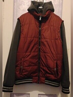 Quilted Red Hooded Bomber Jacket with Contrast Charcoal Sleeves